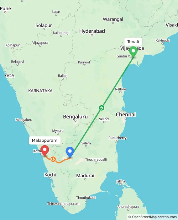 Route map showing distance and travel time from Tenali, India to Malappuram, India