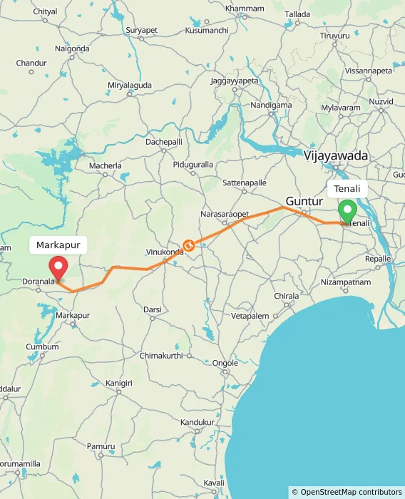Route map showing distance and travel time from Tenali, India to Markapur, India