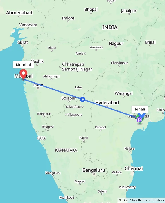 Route map showing distance and travel time from Tenali, India to Mumbai, India