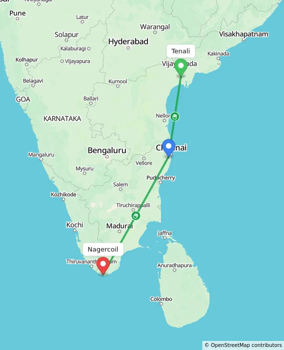 Route map showing distance and travel time from Tenali, India to Nagercoil, India