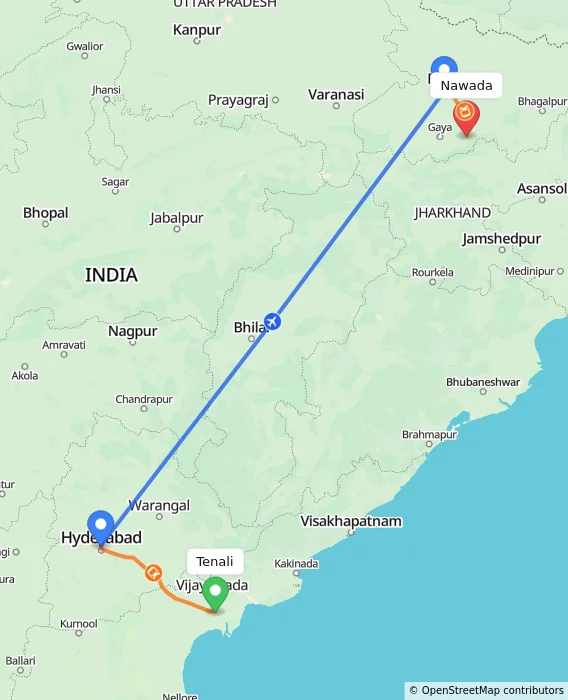 Route map showing distance and travel time from Tenali, India to Nawada, India