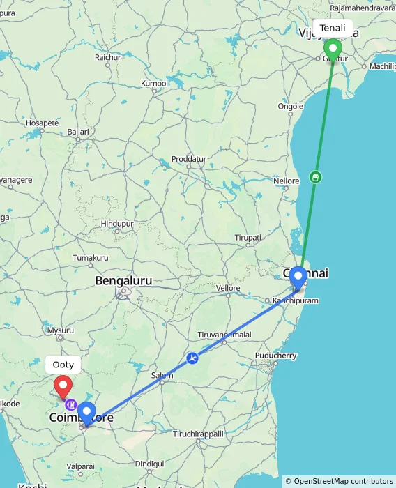 Route map showing distance and travel time from Tenali, India to Ooty, India