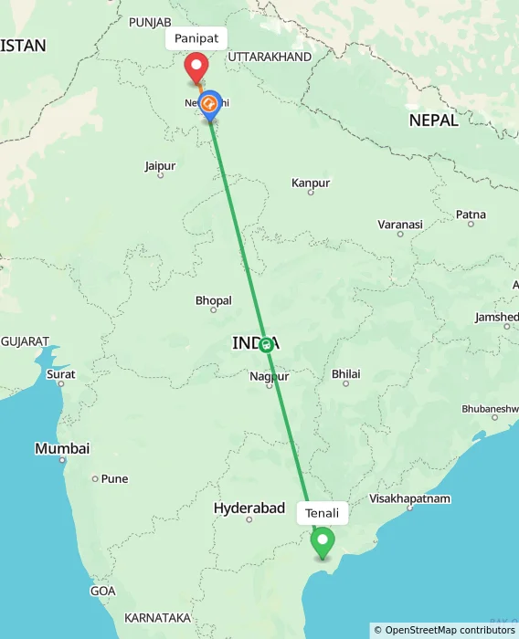 Route map showing distance and travel time from Tenali, India to Panipat, India