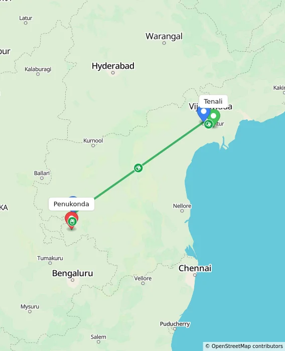 Route map showing distance and travel time from Tenali, India to Penukonda, India