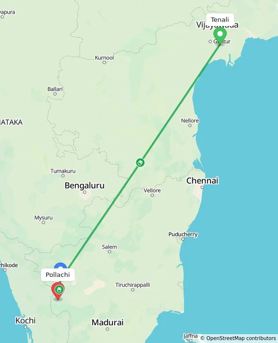 Route map showing distance and travel time from Tenali, India to Pollachi, India