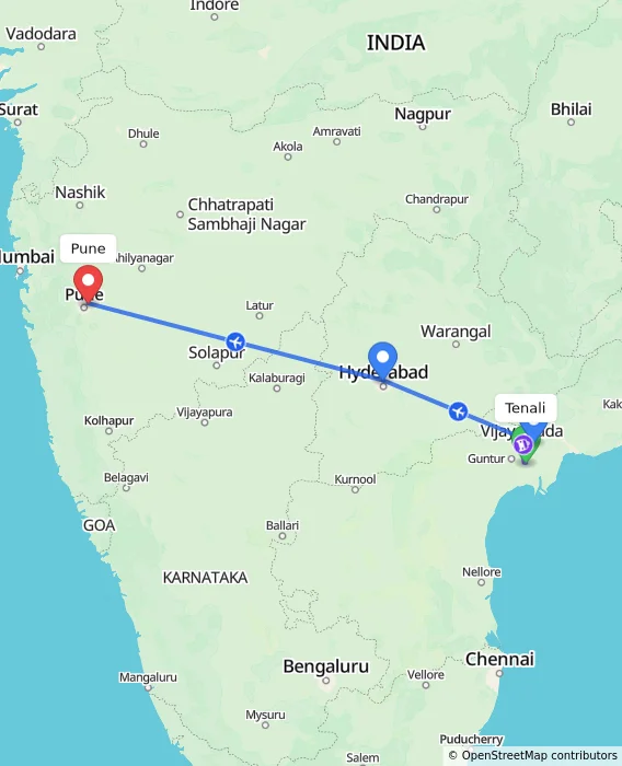 Route map showing distance and travel time from Tenali, India to Pune, India