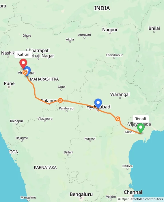 Route map showing distance and travel time from Tenali, India to Rahuri, India