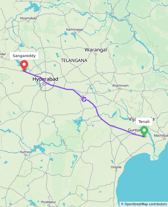 Route map showing distance and travel time from Tenali, India to Sangareddy, India
