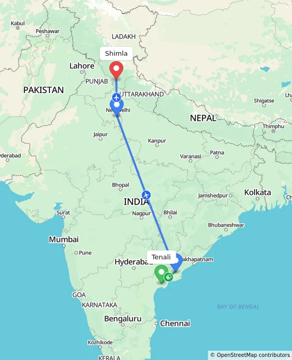 Route map showing distance and travel time from Tenali, India to Shimla, India