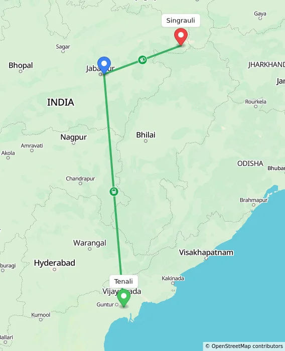 Route map showing distance and travel time from Tenali, India to Singrauli, India