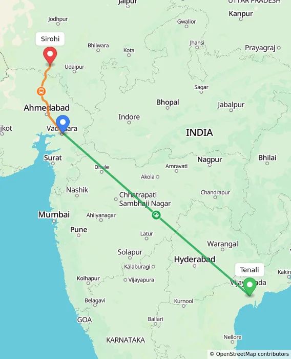 Route map showing distance and travel time from Tenali, India to Sirohi, India