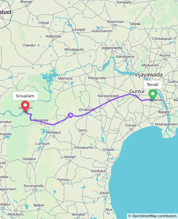 Route map showing distance and travel time from Tenali, India to Srisailam, India
