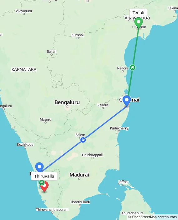 Route map showing distance and travel time from Tenali, India to Thiruvalla, India