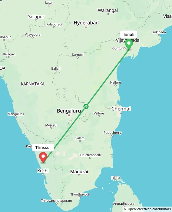 Route map showing distance and travel time from Tenali, India to Thrissur, India