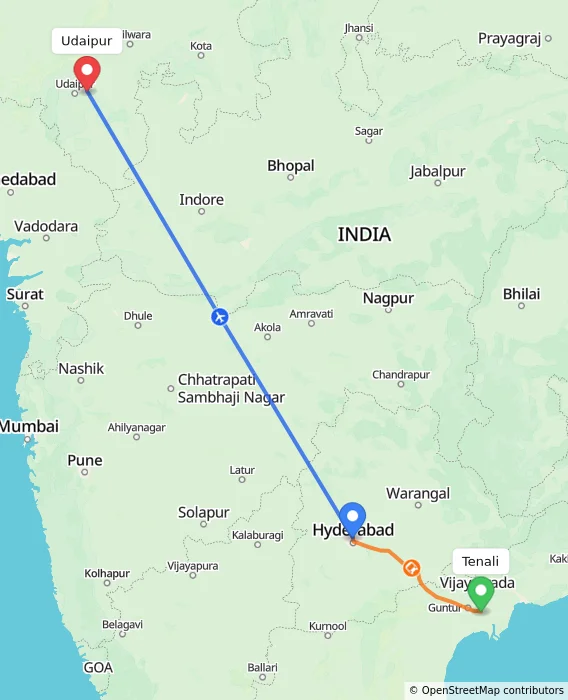 Route map showing distance and travel time from Tenali, India to Udaipur, India