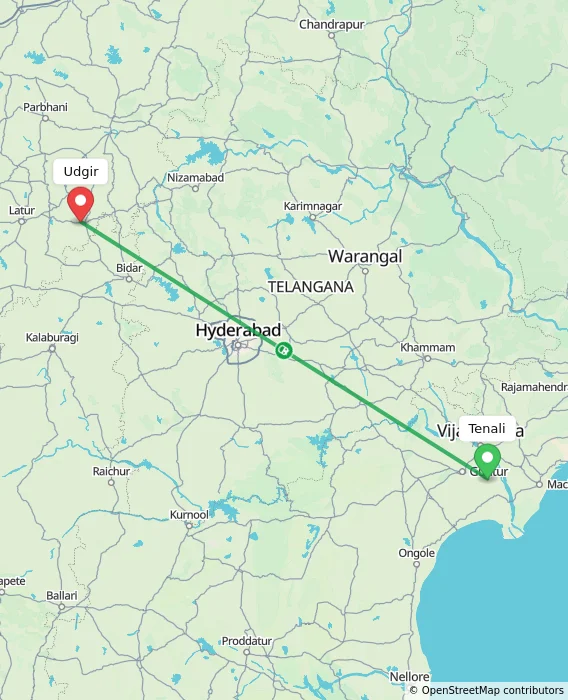 Route map showing distance and travel time from Tenali, India to Udgir, India