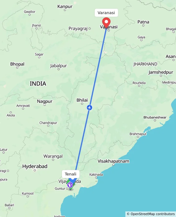Route map showing distance and travel time from Tenali, India to Varanasi, India