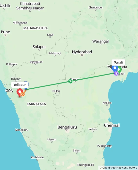 Route map showing distance and travel time from Tenali, India to Yellapur, India