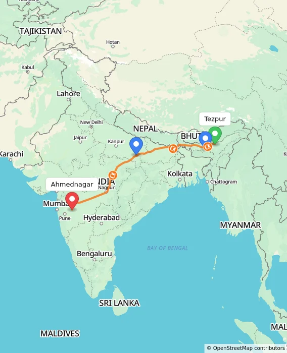 Route map showing distance and travel time from Tezpur, India to Ahmednagar, India