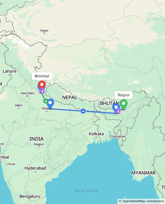 Route map showing distance and travel time from Tezpur, India to Bhimtal, India