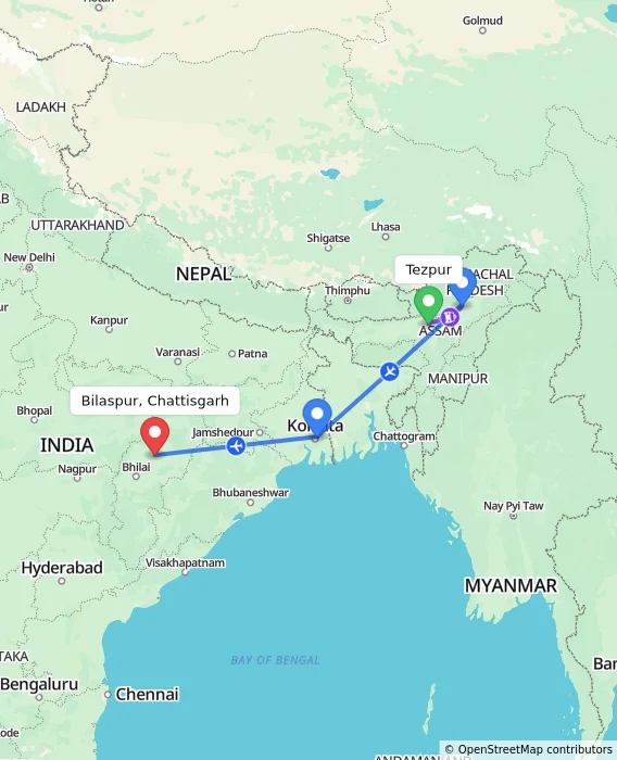 Route map showing distance and travel time from Tezpur, India to Bilaspur, Chattisgarh, India