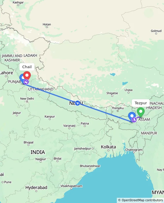 Route map showing distance and travel time from Tezpur, India to Chail, India