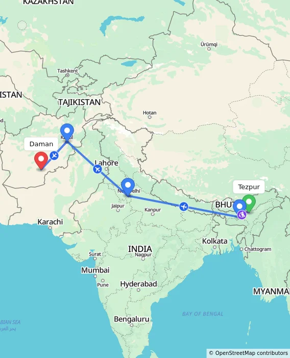 Route map showing distance and travel time from Tezpur, India to Daman, Afghanistan