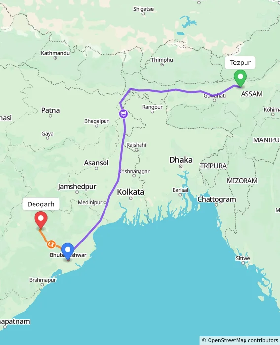 Route map showing distance and travel time from Tezpur, India to Deogarh, India