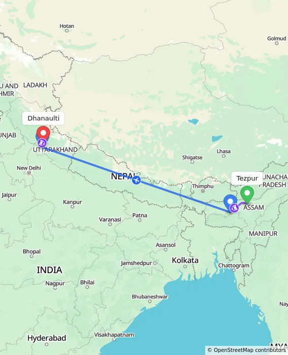 Route map showing distance and travel time from Tezpur, India to Dhanaulti, India