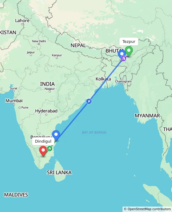 Route map showing distance and travel time from Tezpur, India to Dindigul, India