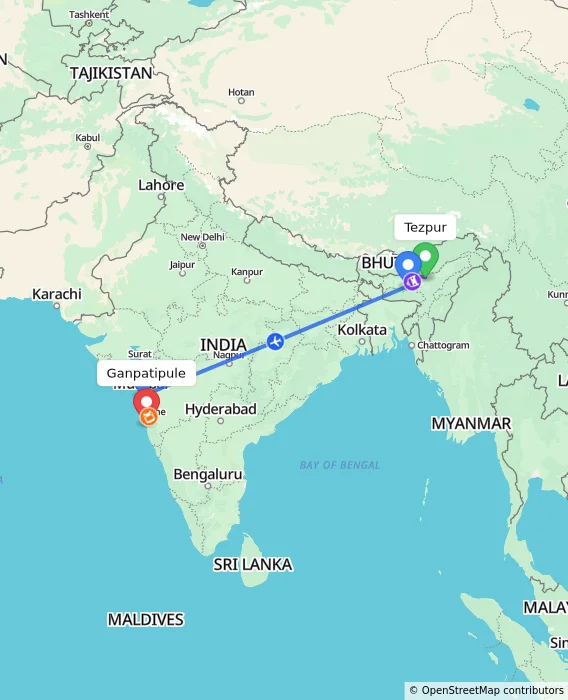 Route map showing distance and travel time from Tezpur, India to Ganpatipule, India