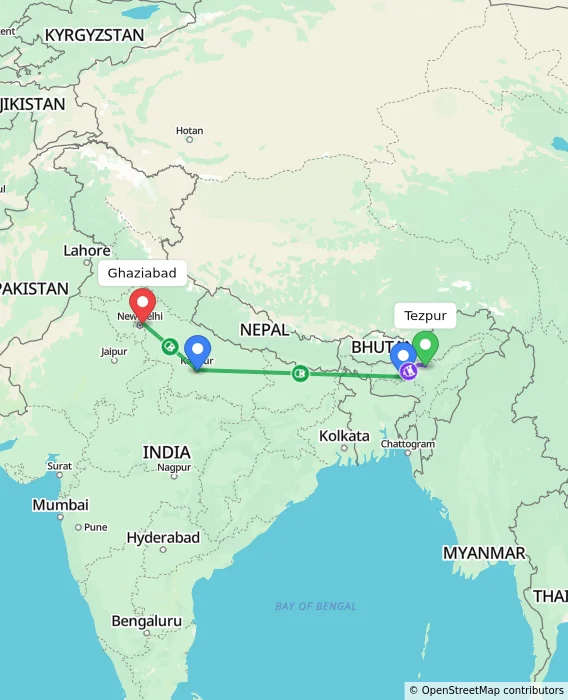 Route map showing distance and travel time from Tezpur, India to Ghaziabad, India