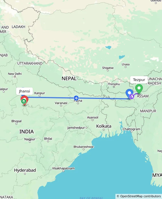 Route map showing distance and travel time from Tezpur, India to Jhansi, India