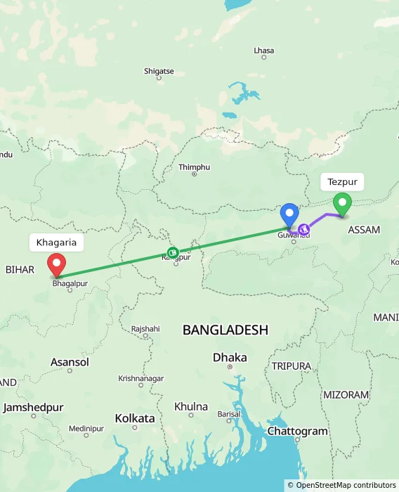 Route map showing distance and travel time from Tezpur, India to Khagaria, India