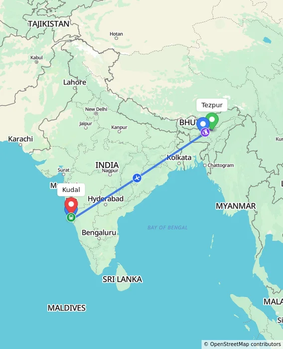 Route map showing distance and travel time from Tezpur, India to Kudal, India