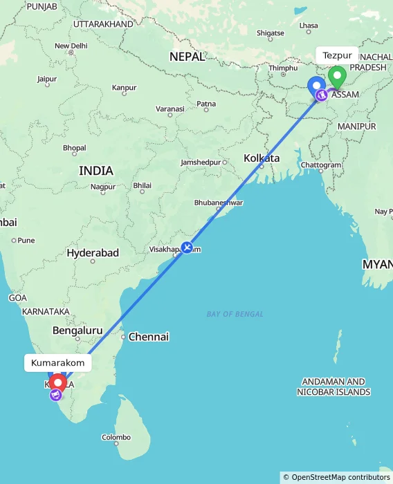 Route map showing distance and travel time from Tezpur, India to Kumarakom, India