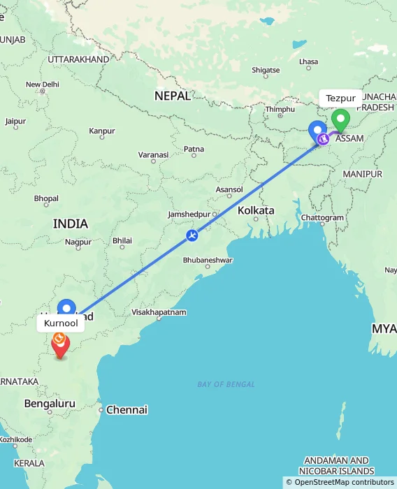 Route map showing distance and travel time from Tezpur, India to Kurnool, India