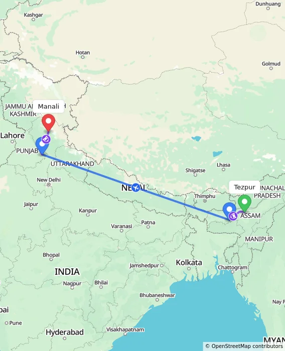 Route map showing distance and travel time from Tezpur, India to Manali, India