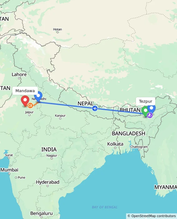 Route map showing distance and travel time from Tezpur, India to Mandawa, India