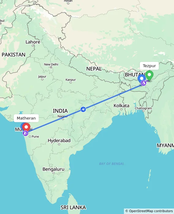 Route map showing distance and travel time from Tezpur, India to Matheran, India