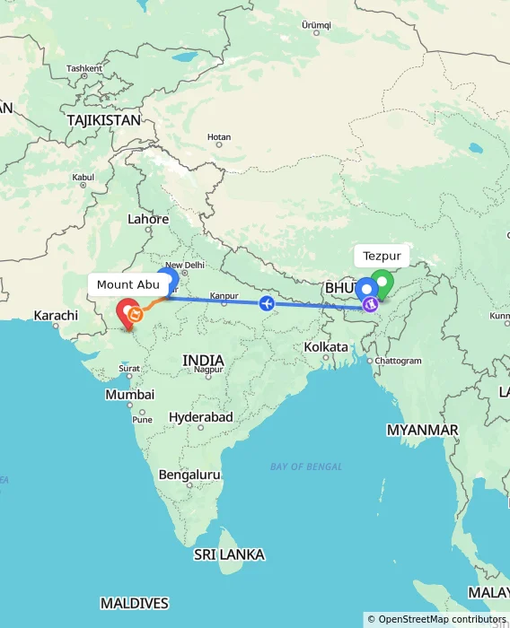 Route map showing distance and travel time from Tezpur, India to Mount Abu, India