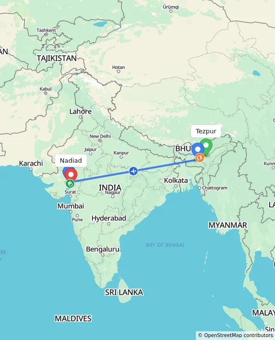 Route map showing distance and travel time from Tezpur, India to Nadiad, India