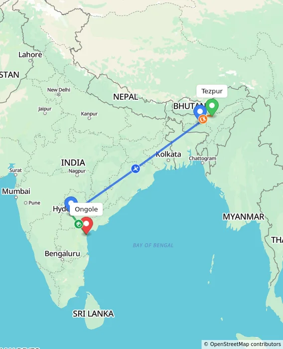 Route map showing distance and travel time from Tezpur, India to Ongole, India