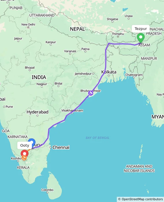 Route map showing distance and travel time from Tezpur, India to Ooty, India