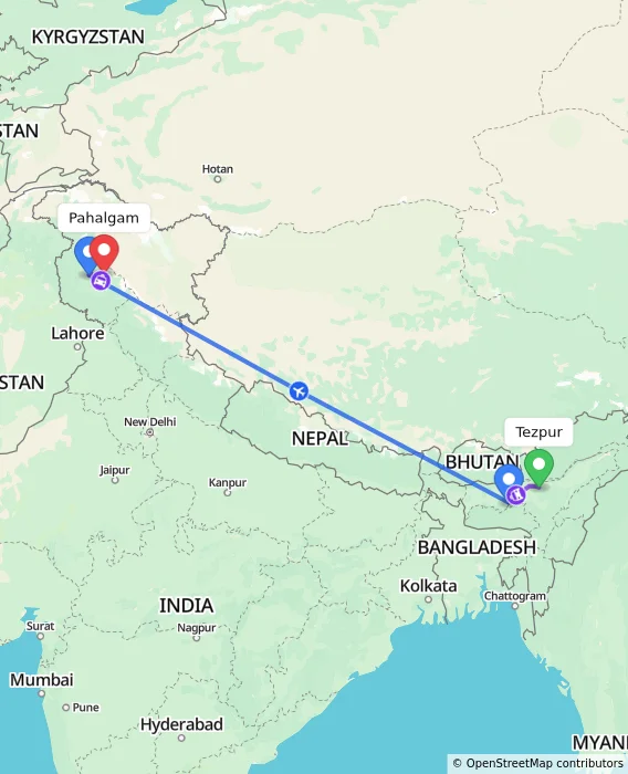 Route map showing distance and travel time from Tezpur, India to Pahalgam, India