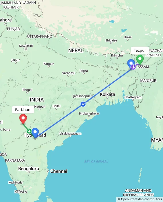 Route map showing distance and travel time from Tezpur, India to Parbhani, India