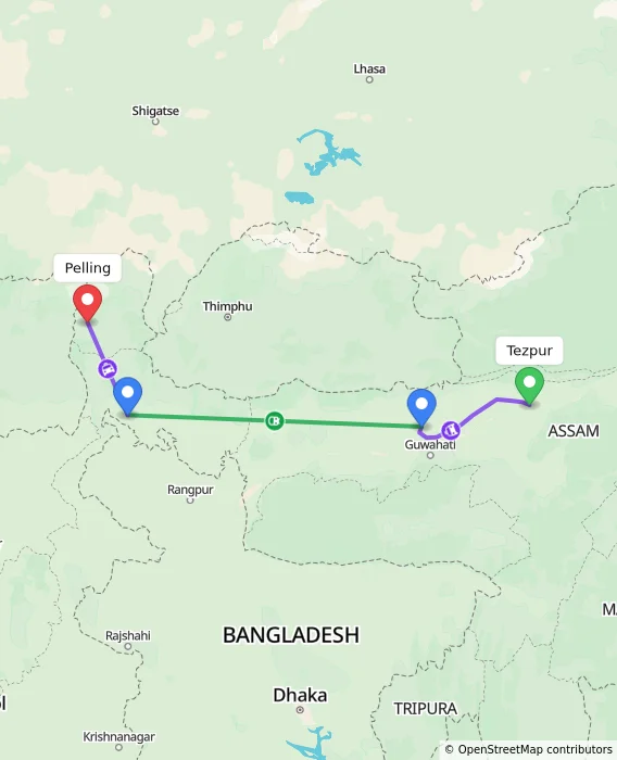 Route map showing distance and travel time from Tezpur, India to Pelling, India