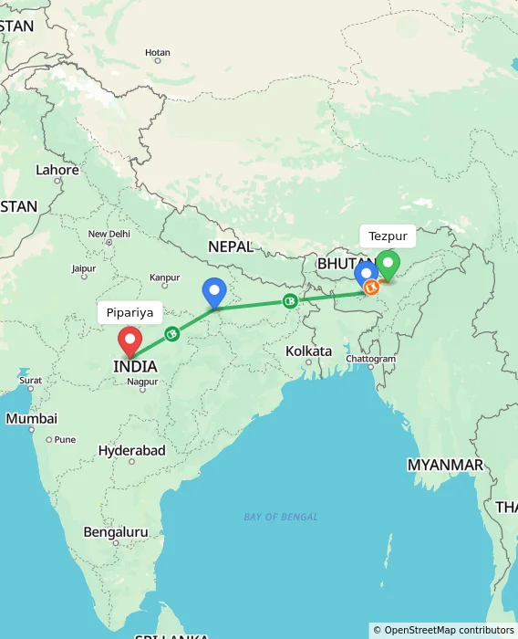 Route map showing distance and travel time from Tezpur, India to Pipariya, India