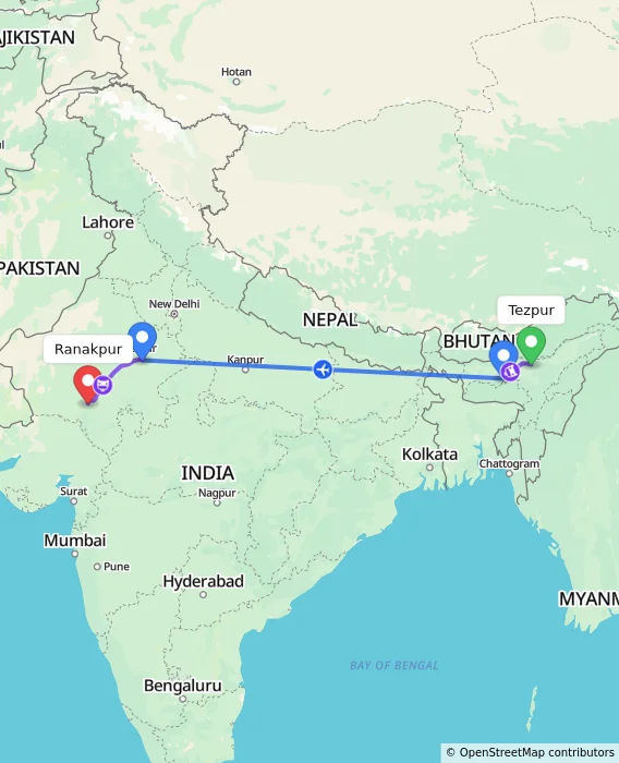 Route map showing distance and travel time from Tezpur, India to Ranakpur, India