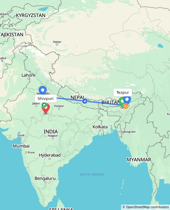Route map showing distance and travel time from Tezpur, India to Shivpuri, India